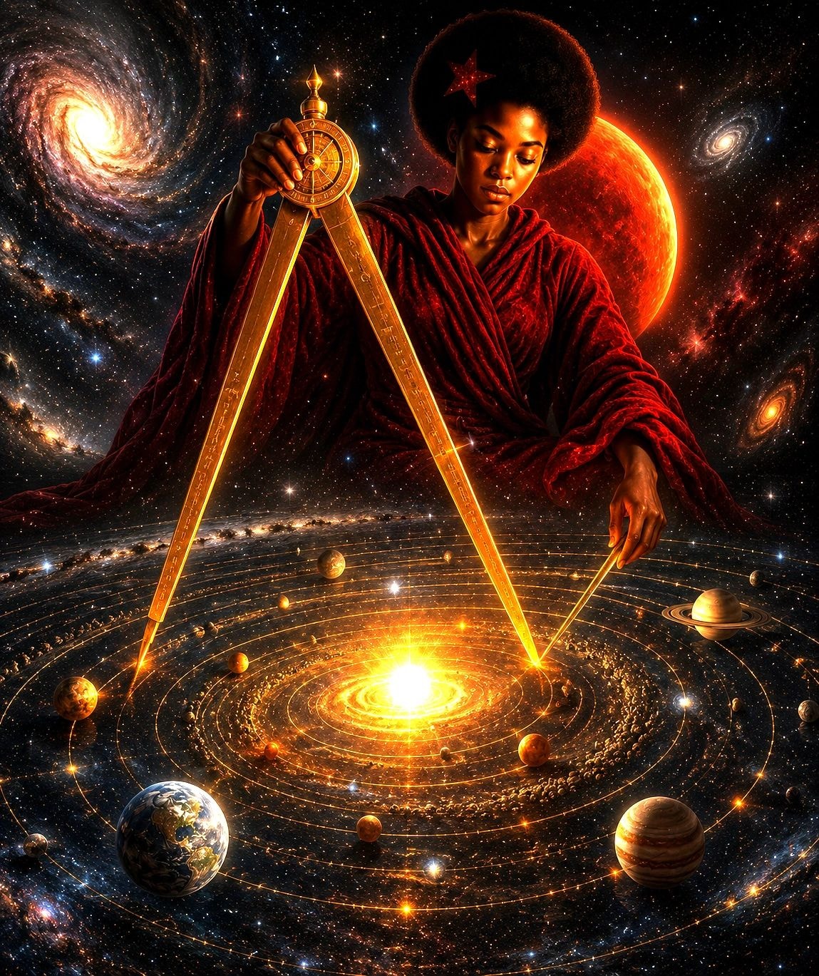 Cosmic figure with afro holding compass over planetary system representing Supreme Mathematics